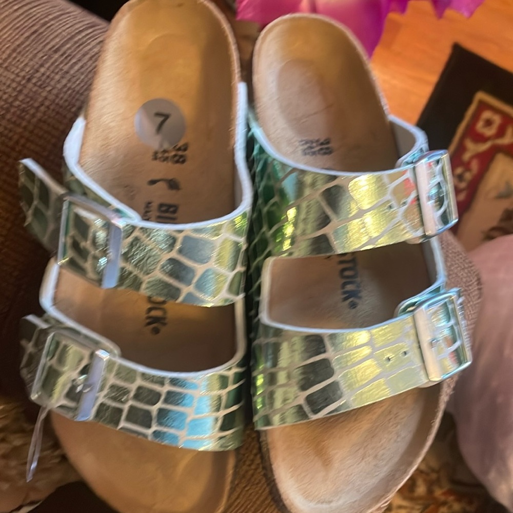Birkenstock Arizona  gator gleam green 2 strap sandals.